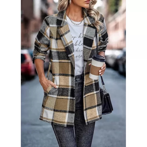 imagePRETTYGARDEN Womens 2023 Plaid Shacket Jacket Casual Button Wool Blend Winter Tartan Trench Coat With PocketsShort Style Khaki
