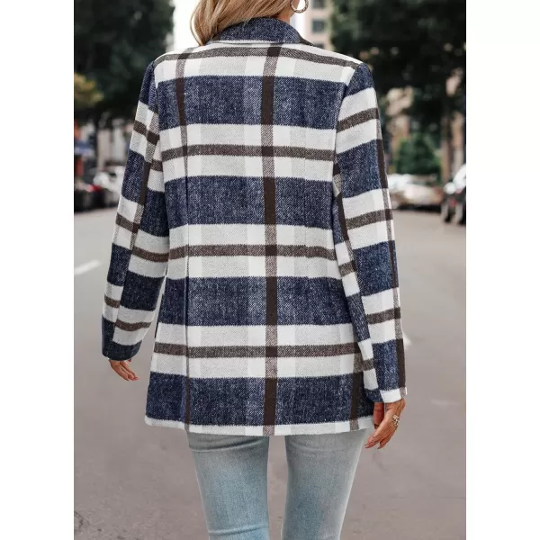 imagePRETTYGARDEN Womens 2023 Plaid Shacket Jacket Casual Button Wool Blend Winter Tartan Trench Coat With PocketsShort Style Navy Plaid