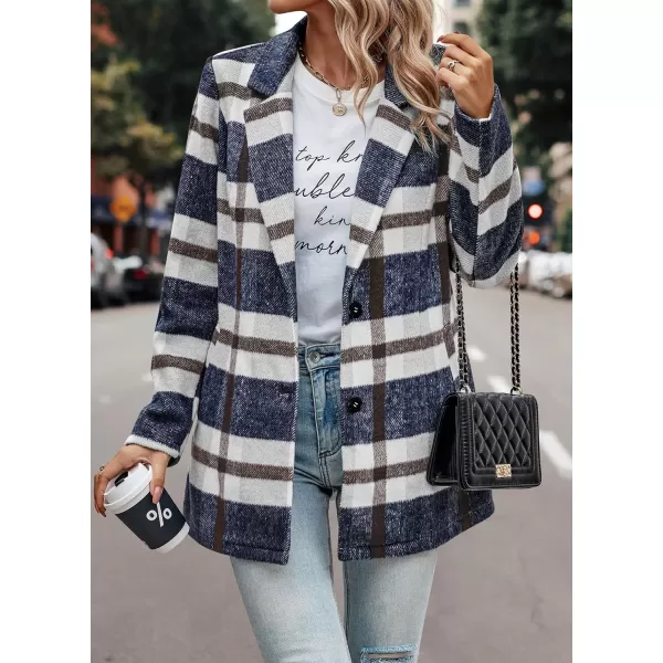imagePRETTYGARDEN Womens 2023 Plaid Shacket Jacket Casual Button Wool Blend Winter Tartan Trench Coat With PocketsShort Style Navy Plaid