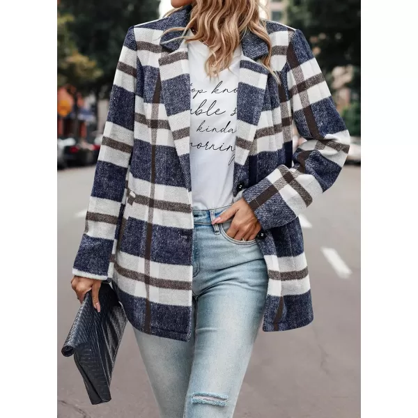 imagePRETTYGARDEN Womens 2023 Plaid Shacket Jacket Casual Button Wool Blend Winter Tartan Trench Coat With PocketsShort Style Navy Plaid