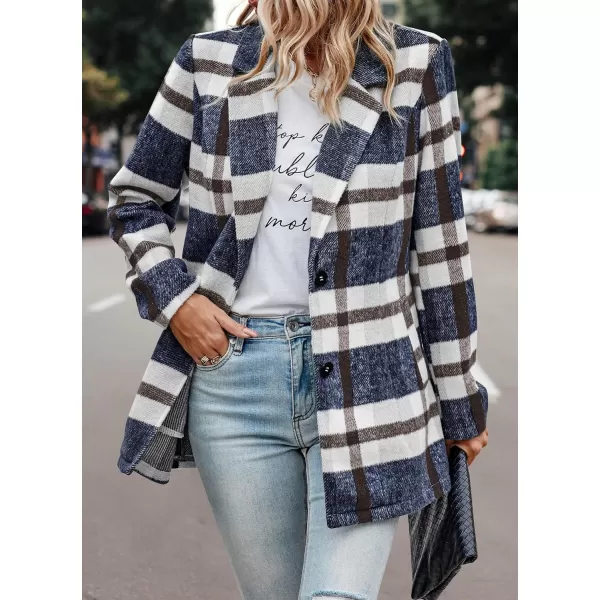 imagePRETTYGARDEN Womens 2023 Plaid Shacket Jacket Casual Button Wool Blend Winter Tartan Trench Coat With PocketsShort Style Navy Plaid
