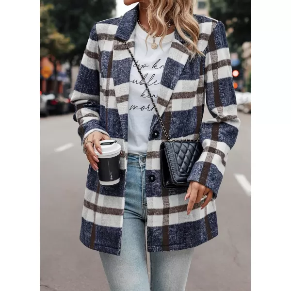 imagePRETTYGARDEN Womens 2023 Plaid Shacket Jacket Casual Button Wool Blend Winter Tartan Trench Coat With PocketsShort Style Navy Plaid