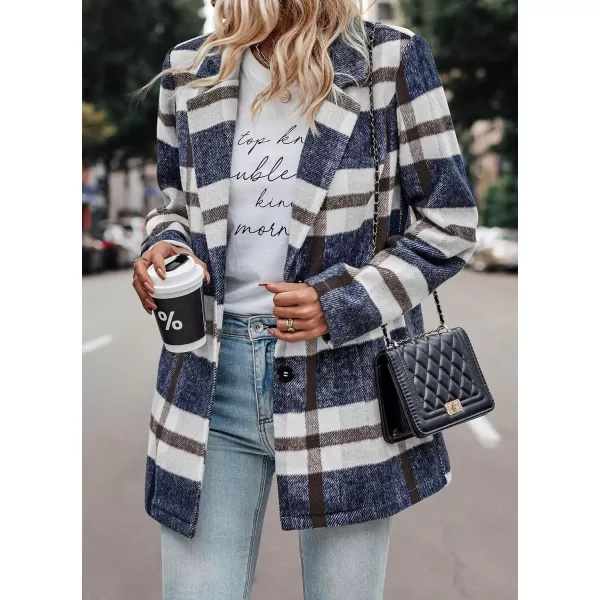 imagePRETTYGARDEN Womens 2023 Plaid Shacket Jacket Casual Button Wool Blend Winter Tartan Trench Coat With PocketsShort Style Navy Plaid