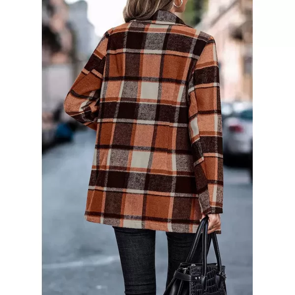 imagePRETTYGARDEN Womens 2023 Plaid Shacket Jacket Casual Button Wool Blend Winter Tartan Trench Coat With PocketsShort Style Orange
