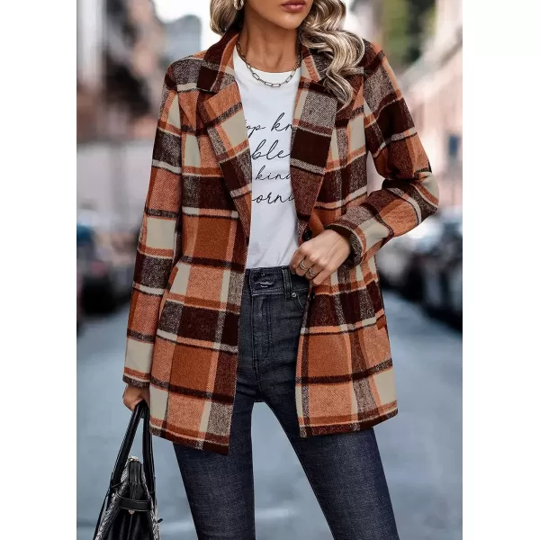 imagePRETTYGARDEN Womens 2023 Plaid Shacket Jacket Casual Button Wool Blend Winter Tartan Trench Coat With PocketsShort Style Orange
