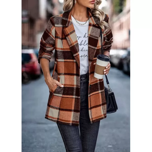 imagePRETTYGARDEN Womens 2023 Plaid Shacket Jacket Casual Button Wool Blend Winter Tartan Trench Coat With PocketsShort Style Orange