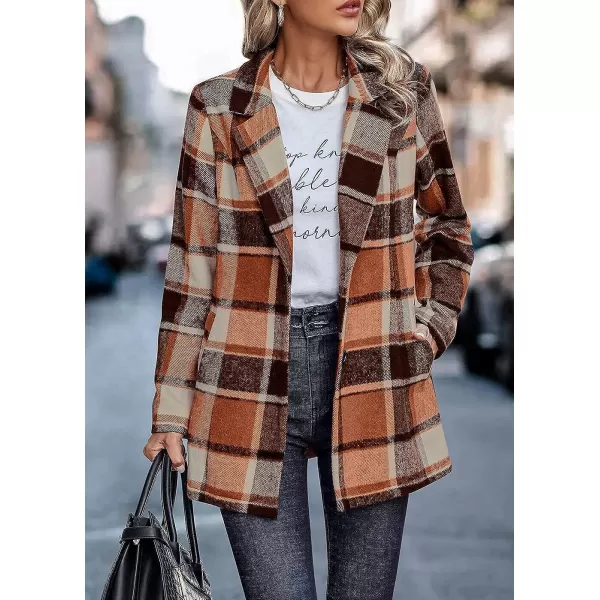 imagePRETTYGARDEN Womens 2023 Plaid Shacket Jacket Casual Button Wool Blend Winter Tartan Trench Coat With PocketsShort Style Orange