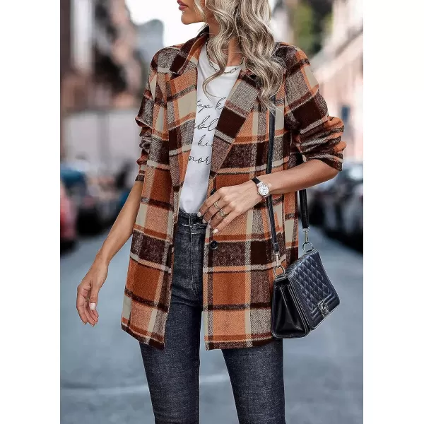 imagePRETTYGARDEN Womens 2023 Plaid Shacket Jacket Casual Button Wool Blend Winter Tartan Trench Coat With PocketsShort Style Orange