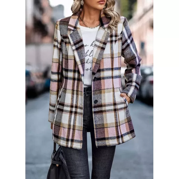 imagePRETTYGARDEN Womens 2023 Plaid Shacket Jacket Casual Button Wool Blend Winter Tartan Trench Coat With PocketsShort Style Pink