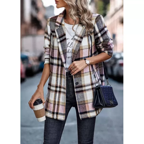 imagePRETTYGARDEN Womens 2023 Plaid Shacket Jacket Casual Button Wool Blend Winter Tartan Trench Coat With PocketsShort Style Pink