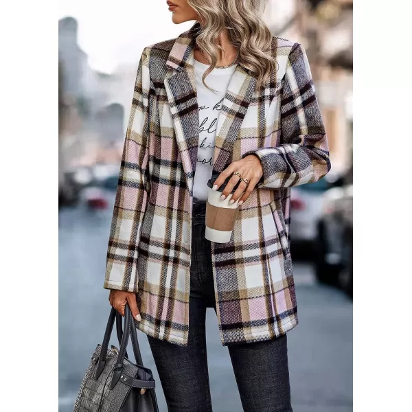 imagePRETTYGARDEN Womens 2023 Plaid Shacket Jacket Casual Button Wool Blend Winter Tartan Trench Coat With PocketsShort Style Pink
