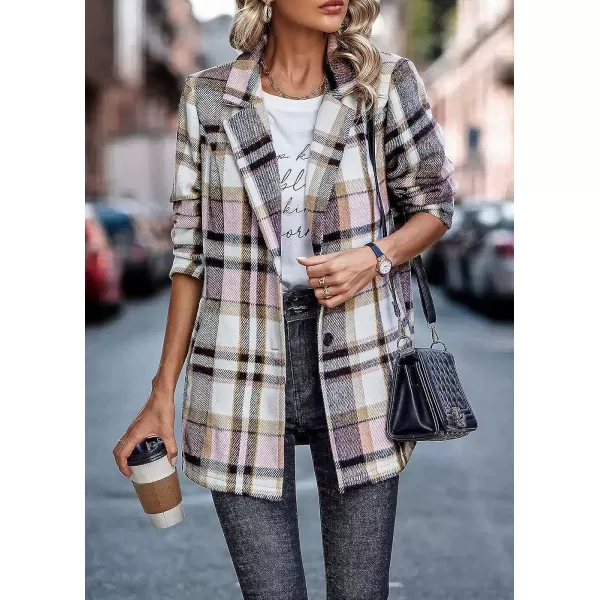 imagePRETTYGARDEN Womens 2023 Plaid Shacket Jacket Casual Button Wool Blend Winter Tartan Trench Coat With PocketsShort Style Pink