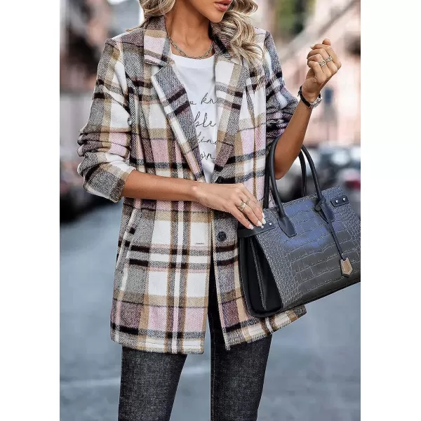 imagePRETTYGARDEN Womens 2023 Plaid Shacket Jacket Casual Button Wool Blend Winter Tartan Trench Coat With PocketsShort Style Pink