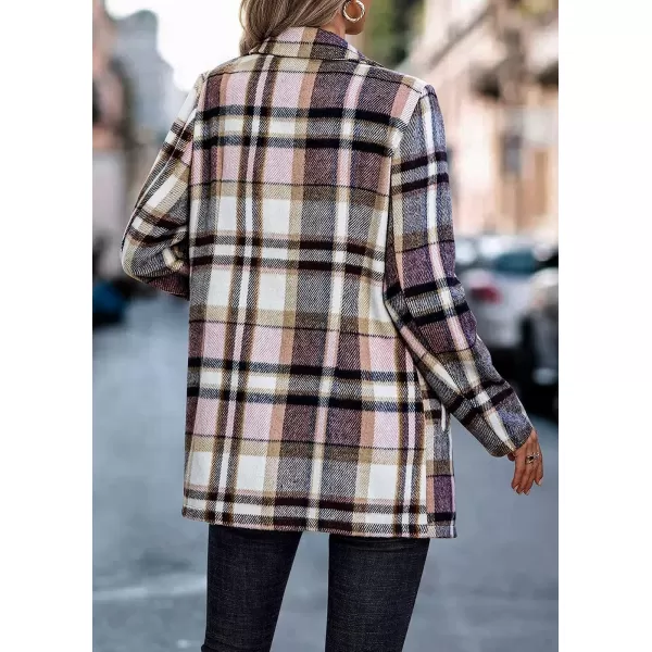 imagePRETTYGARDEN Womens 2023 Plaid Shacket Jacket Casual Button Wool Blend Winter Tartan Trench Coat With PocketsShort Style Pink