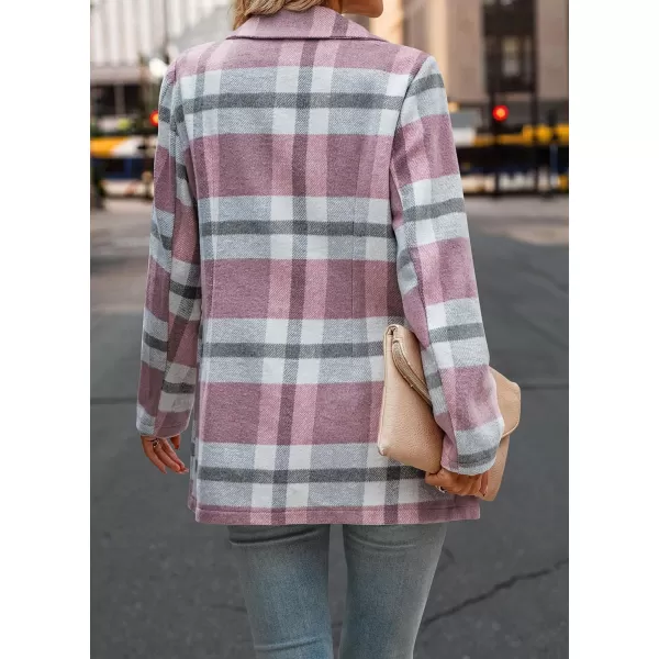 imagePRETTYGARDEN Womens 2023 Plaid Shacket Jacket Casual Button Wool Blend Winter Tartan Trench Coat With PocketsShort Style Pink White
