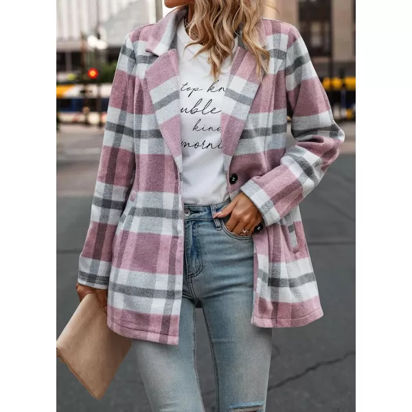 imagePRETTYGARDEN Womens 2023 Plaid Shacket Jacket Casual Button Wool Blend Winter Tartan Trench Coat With PocketsShort Style Pink White