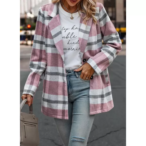imagePRETTYGARDEN Womens 2023 Plaid Shacket Jacket Casual Button Wool Blend Winter Tartan Trench Coat With PocketsShort Style Pink White