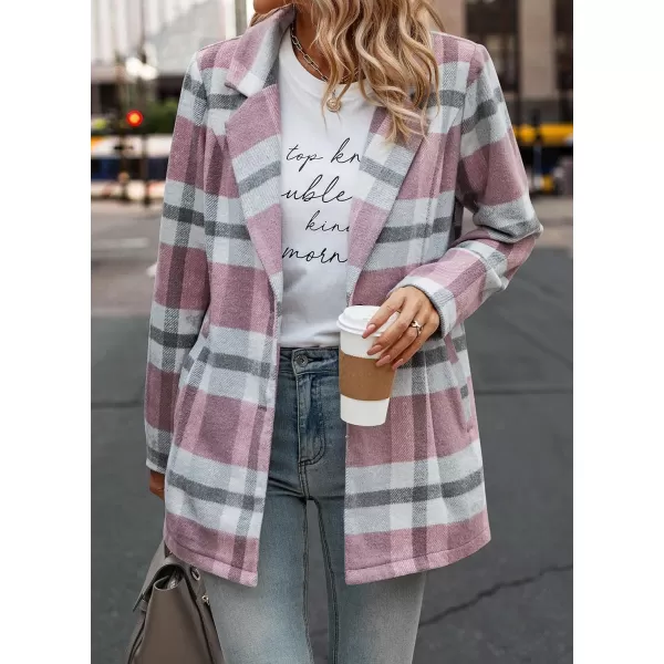 imagePRETTYGARDEN Womens 2023 Plaid Shacket Jacket Casual Button Wool Blend Winter Tartan Trench Coat With PocketsShort Style Pink White