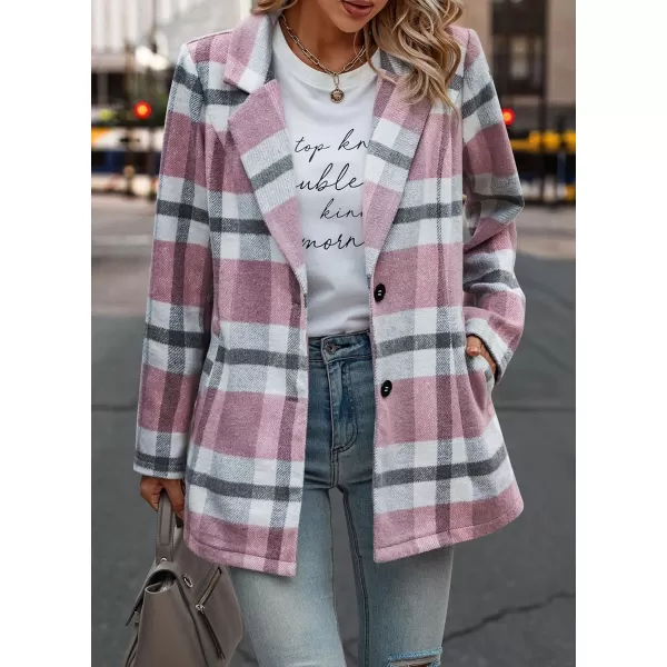 imagePRETTYGARDEN Womens 2023 Plaid Shacket Jacket Casual Button Wool Blend Winter Tartan Trench Coat With PocketsShort Style Pink White
