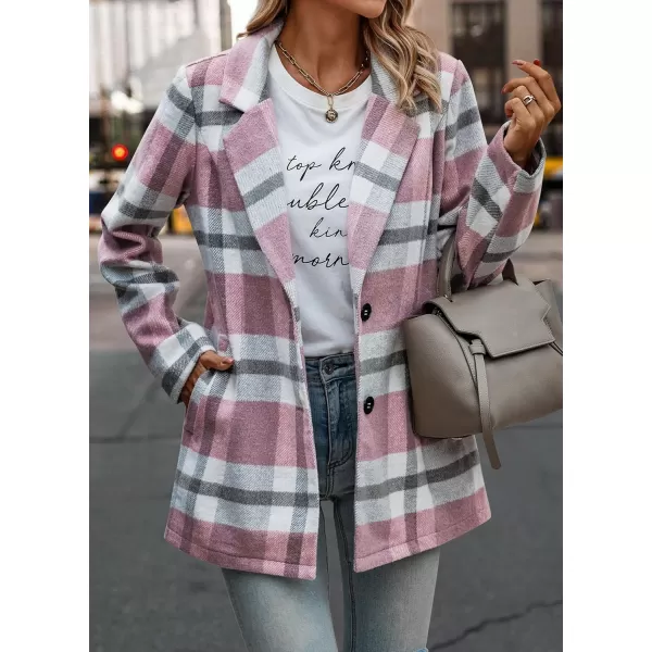 imagePRETTYGARDEN Womens 2023 Plaid Shacket Jacket Casual Button Wool Blend Winter Tartan Trench Coat With PocketsShort Style Pink White