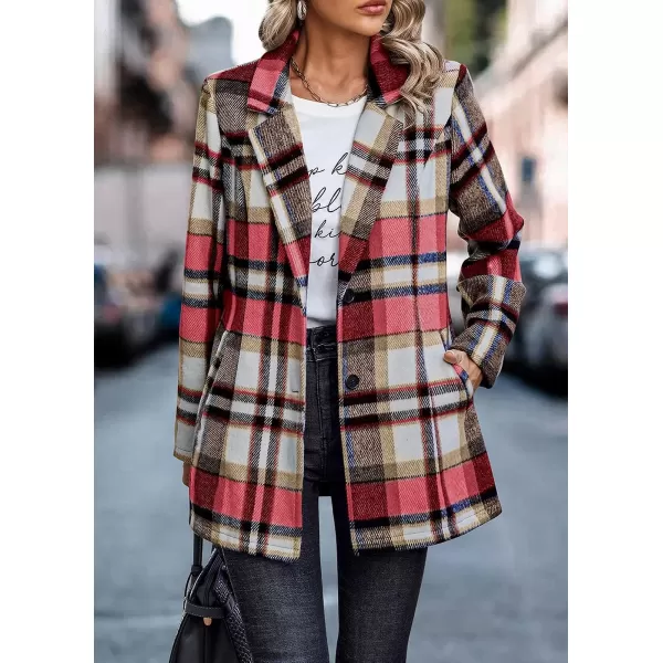 imagePRETTYGARDEN Womens 2023 Plaid Shacket Jacket Casual Button Wool Blend Winter Tartan Trench Coat With PocketsShort Style Red