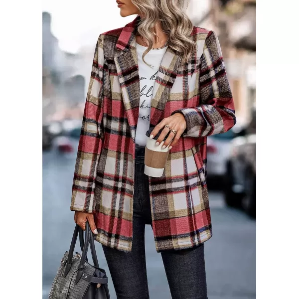 imagePRETTYGARDEN Womens 2023 Plaid Shacket Jacket Casual Button Wool Blend Winter Tartan Trench Coat With PocketsShort Style Red