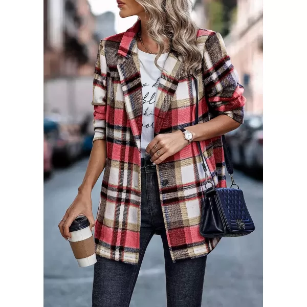 imagePRETTYGARDEN Womens 2023 Plaid Shacket Jacket Casual Button Wool Blend Winter Tartan Trench Coat With PocketsShort Style Red