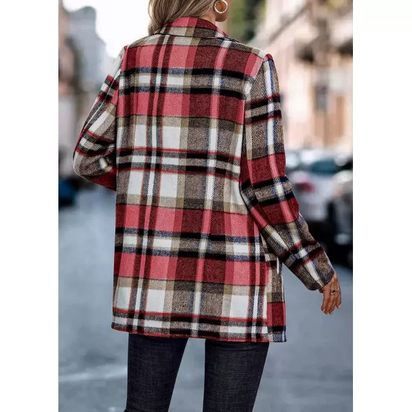 imagePRETTYGARDEN Womens 2023 Plaid Shacket Jacket Casual Button Wool Blend Winter Tartan Trench Coat With PocketsShort Style Red
