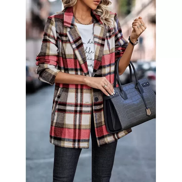 imagePRETTYGARDEN Womens 2023 Plaid Shacket Jacket Casual Button Wool Blend Winter Tartan Trench Coat With PocketsShort Style Red