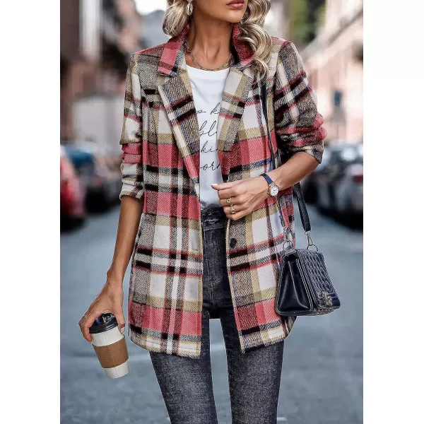 imagePRETTYGARDEN Womens 2023 Plaid Shacket Jacket Casual Button Wool Blend Winter Tartan Trench Coat With PocketsShort Style Red
