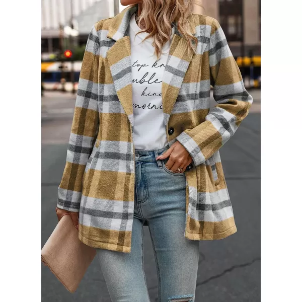 imagePRETTYGARDEN Womens 2023 Plaid Shacket Jacket Casual Button Wool Blend Winter Tartan Trench Coat With PocketsShort Style Yellow Plaid
