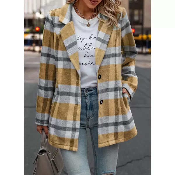 imagePRETTYGARDEN Womens 2023 Plaid Shacket Jacket Casual Button Wool Blend Winter Tartan Trench Coat With PocketsShort Style Yellow Plaid