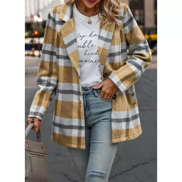imagePRETTYGARDEN Womens 2023 Plaid Shacket Jacket Casual Button Wool Blend Winter Tartan Trench Coat With PocketsShort Style Yellow Plaid