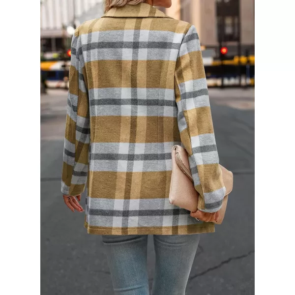 imagePRETTYGARDEN Womens 2023 Plaid Shacket Jacket Casual Button Wool Blend Winter Tartan Trench Coat With PocketsShort Style Yellow Plaid