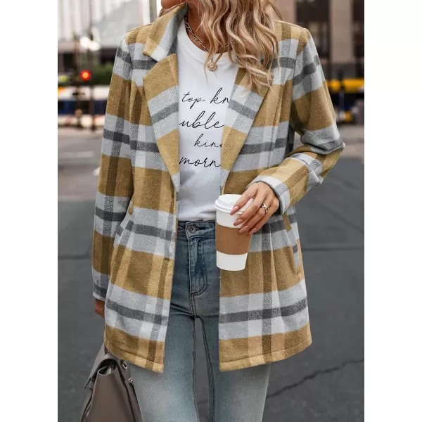 imagePRETTYGARDEN Womens 2023 Plaid Shacket Jacket Casual Button Wool Blend Winter Tartan Trench Coat With PocketsShort Style Yellow Plaid