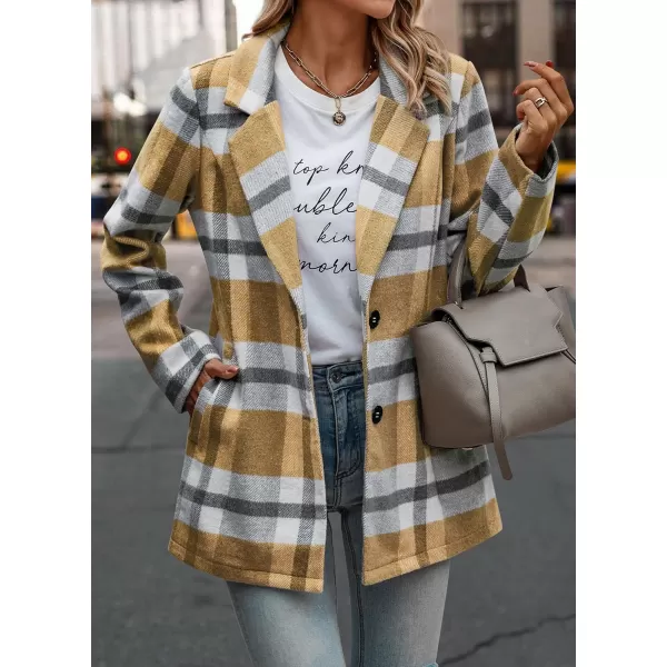 imagePRETTYGARDEN Womens 2023 Plaid Shacket Jacket Casual Button Wool Blend Winter Tartan Trench Coat With PocketsShort Style Yellow Plaid