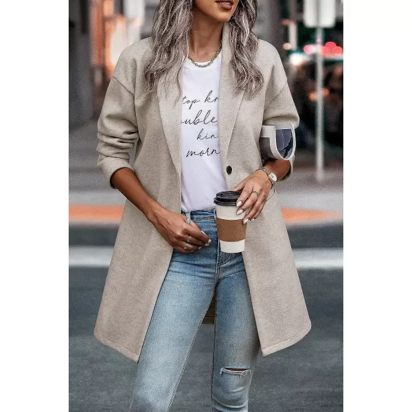 imagePRETTYGARDEN Womens 2023 Plaid Shacket Jacket Casual Button Wool Blend Winter Tartan Trench Coat With PocketsSolid Apricot