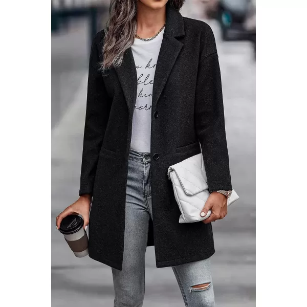 imagePRETTYGARDEN Womens 2023 Plaid Shacket Jacket Casual Button Wool Blend Winter Tartan Trench Coat With PocketsSolid Black