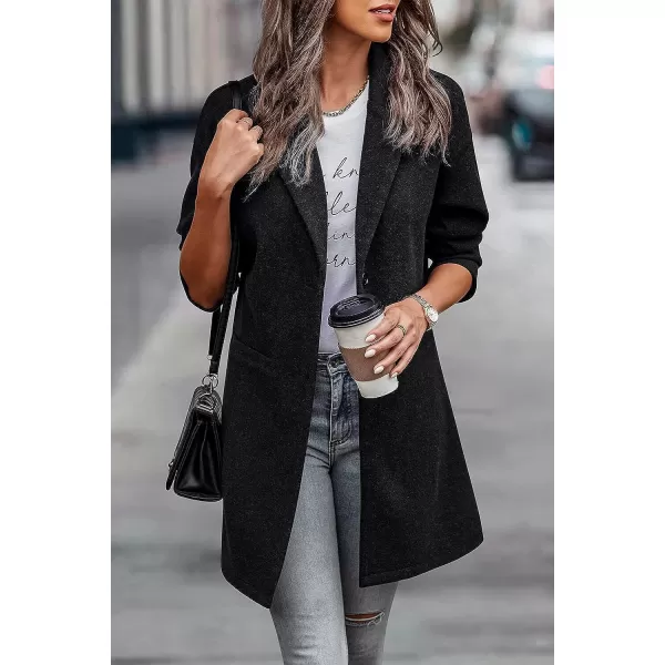 imagePRETTYGARDEN Womens 2023 Plaid Shacket Jacket Casual Button Wool Blend Winter Tartan Trench Coat With PocketsSolid Black