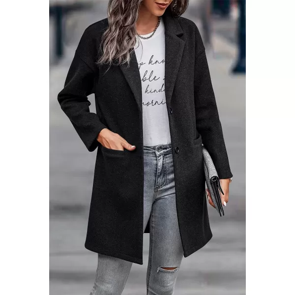 imagePRETTYGARDEN Womens 2023 Plaid Shacket Jacket Casual Button Wool Blend Winter Tartan Trench Coat With PocketsSolid Black