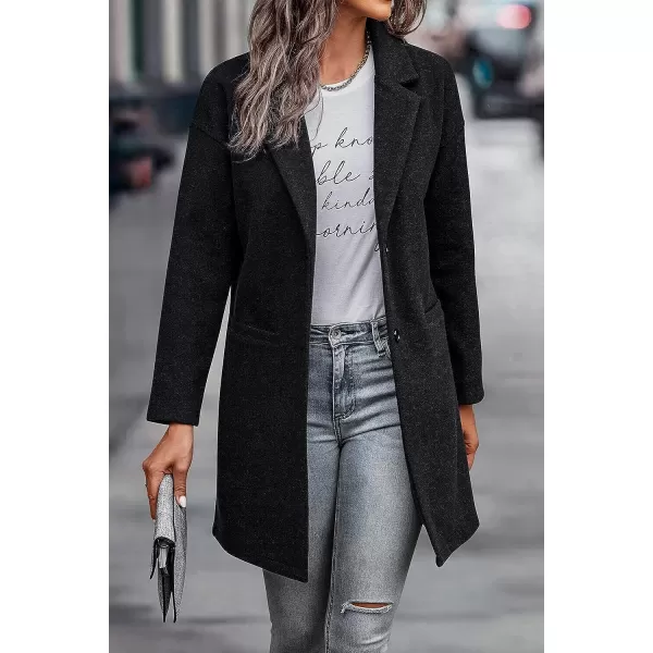 imagePRETTYGARDEN Womens 2023 Plaid Shacket Jacket Casual Button Wool Blend Winter Tartan Trench Coat With PocketsSolid Black
