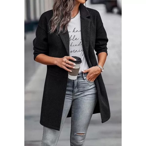 imagePRETTYGARDEN Womens 2023 Plaid Shacket Jacket Casual Button Wool Blend Winter Tartan Trench Coat With PocketsSolid Black