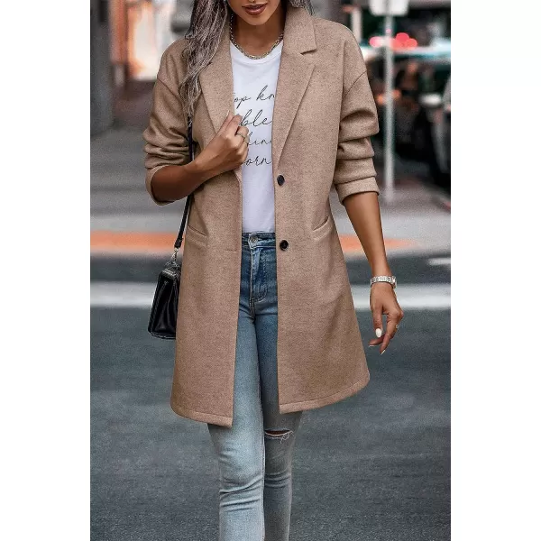 imagePRETTYGARDEN Womens 2023 Plaid Shacket Jacket Casual Button Wool Blend Winter Tartan Trench Coat With PocketsSolid Camel