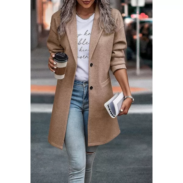 imagePRETTYGARDEN Womens 2023 Plaid Shacket Jacket Casual Button Wool Blend Winter Tartan Trench Coat With PocketsSolid Camel