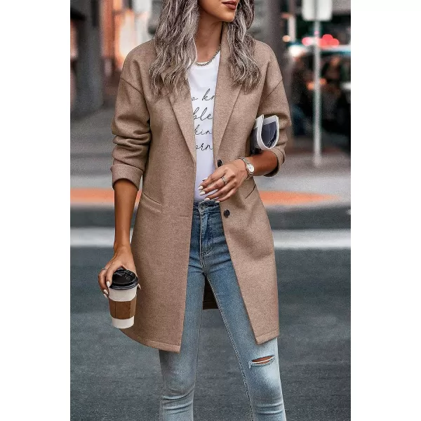 imagePRETTYGARDEN Womens 2023 Plaid Shacket Jacket Casual Button Wool Blend Winter Tartan Trench Coat With PocketsSolid Camel