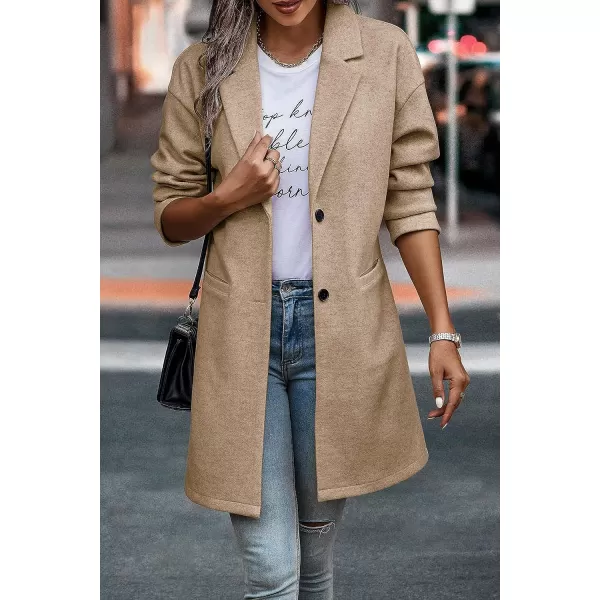imagePRETTYGARDEN Womens 2023 Plaid Shacket Jacket Casual Button Wool Blend Winter Tartan Trench Coat With PocketsSolid Khaki