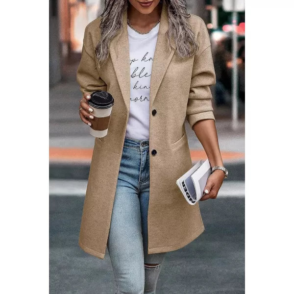imagePRETTYGARDEN Womens 2023 Plaid Shacket Jacket Casual Button Wool Blend Winter Tartan Trench Coat With PocketsSolid Khaki