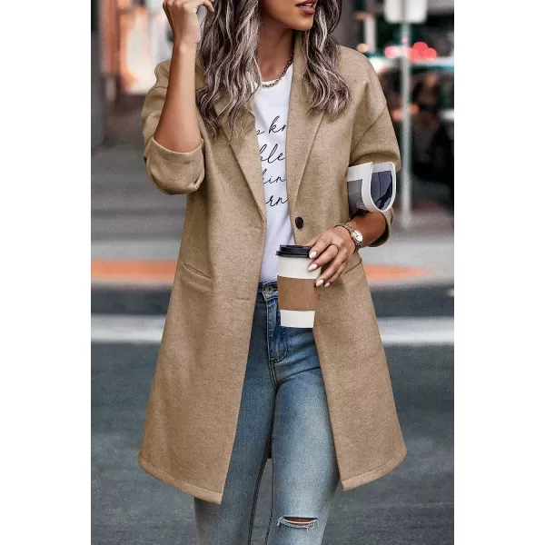 imagePRETTYGARDEN Womens 2023 Plaid Shacket Jacket Casual Button Wool Blend Winter Tartan Trench Coat With PocketsSolid Khaki