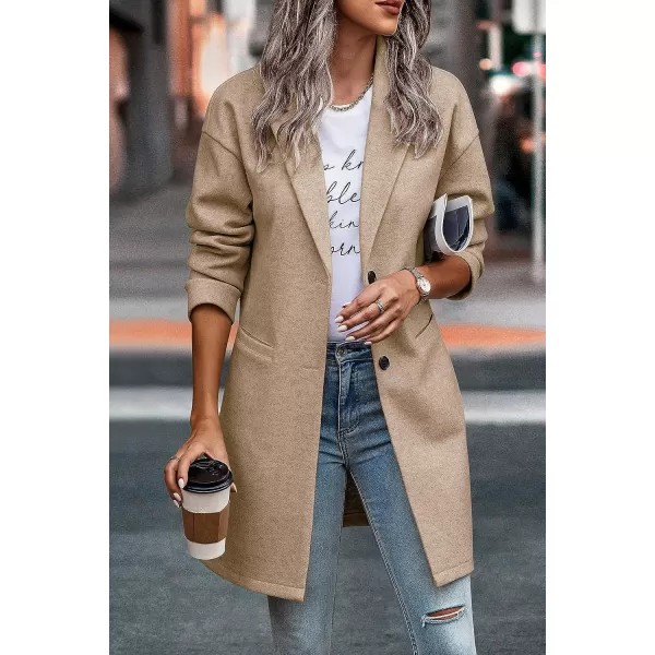 imagePRETTYGARDEN Womens 2023 Plaid Shacket Jacket Casual Button Wool Blend Winter Tartan Trench Coat With PocketsSolid Khaki