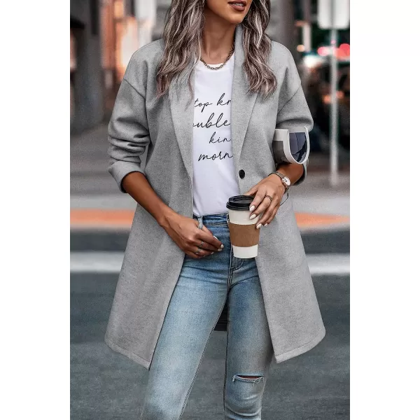 imagePRETTYGARDEN Womens 2023 Plaid Shacket Jacket Casual Button Wool Blend Winter Tartan Trench Coat With PocketsSolid Light Grey